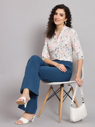 Floral Printed Regular Fit Notch Collar Shirt - White-5XL