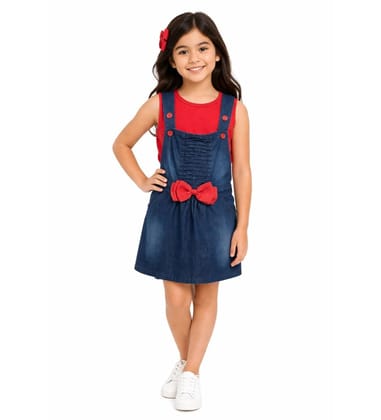 Girl's Denim & Cotton Bow Sleeveless Dungaree (Red, 3-4-Yrs)-PID66046