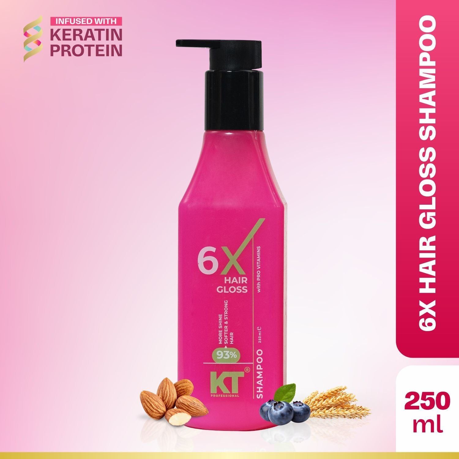 KT Professional 6X Hair Gloss Shampoo, 93% More Shine, Pro-Vitamin & Sulfate-Free - 250ml