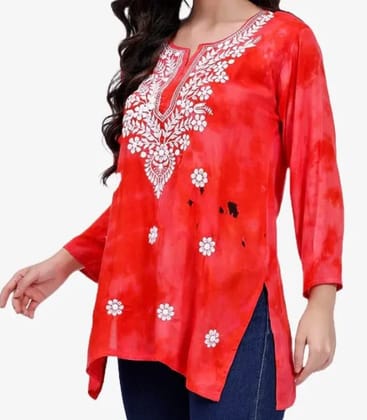 Lucknowi Chikankari Embroidered Rayon Tie-Dyed Red short Kurti Lucknowi Chikankari Embroidered Rayon Tie-Dyed Red short Kurti