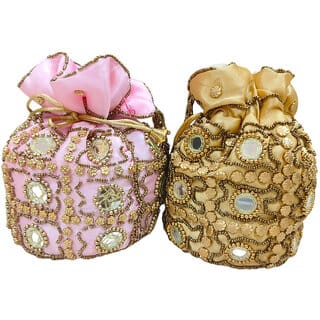 Golden   Dark Maroon Premium Silk Potli Handmade Bag For Women (Pack of 2)