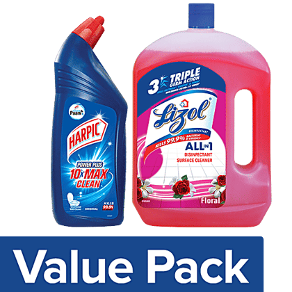bb Combo Harpic Toilet Cleaner Liquid, Original 1 L + Lizol Floor & Surface Cleaner Liquid, Floral 2 L, Combo 2 Items