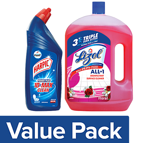 bb Combo Harpic Toilet Cleaner Liquid, Original 1 L + Lizol Floor & Surface Cleaner Liquid, Floral 2 L, Combo 2 Items