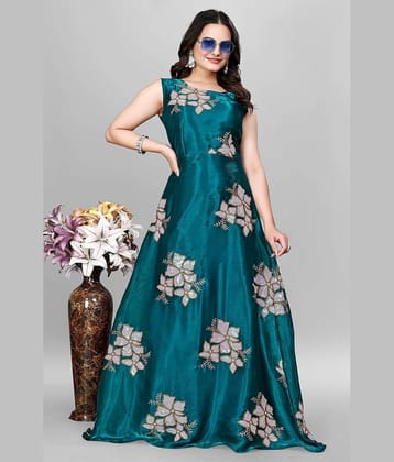 A TO Z CART Teal Flared Organza Women's Semi Stitched Ethnic Gown ( Pack of 1 )