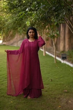 Viscose Chikankari Plazzo Set - Berry Pink-Berry Pink / Viscose / S