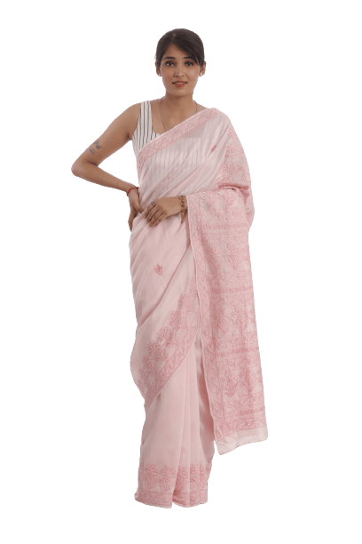 Chikankari Embroidery Chanderi Saree (Pink)