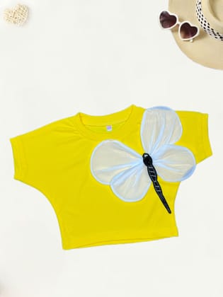 Girl's Butterfly Patch Yellow T-shirt[GT-391) 4-12Years)-10-11Y (Size - 34) / Yellow / Ribbed