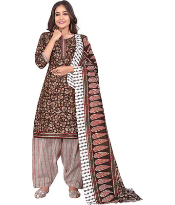 Rajnandini Women Cotton Blend Printed Straight Kurti With Patiala Salwar ( Brown )