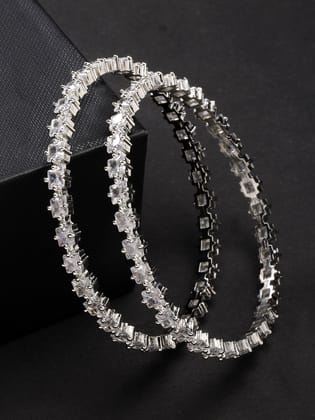 NVR Women Set of 2 Silver-Plated CZ Stone-Studded Handcrafted Bangles-Silver / Bangle / Brass