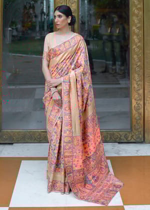 Peach Pink Woven Jamewar Banarasi Saree