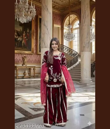 YASHASVI ENTERPRISE Women Velvet Embroidered Ethnic Motifs Kurti With Pants ( Maroon )