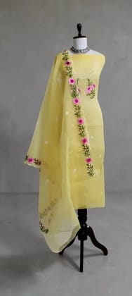 Kota Doria Handloom Dress Material in Lemon Yellow with Floral Border Kota Doria Handloom Dress Material in Lemon Yellow with Floral Border