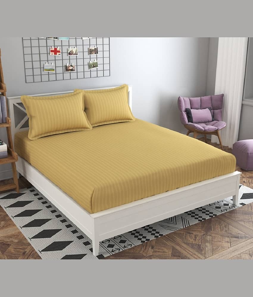 Neekshaa Satin Stripe Solid Fitted Fitted bedsheet with 2 Pillow Covers ( Double Bed ) - Yellow