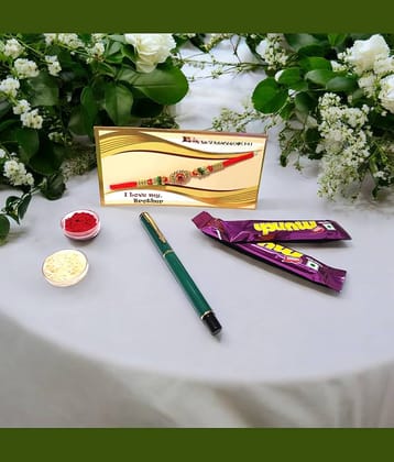 auteur 801 Stylish Black Roller Ball Pen and Designer Rakhi Gift Set for Brother With Chocolates, Roli, Mishri and Rice.