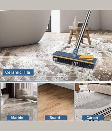 (Pack of 1) 2 in 1 Bathroom Floor Cleaning Brush Wiper Squeegee, Tiles Cleaner Brush Floor Scrubber, Long Handle for Wall Shower Toilet Kitchen Grout Swimming Pool, White, Yellow, PVC Bristles