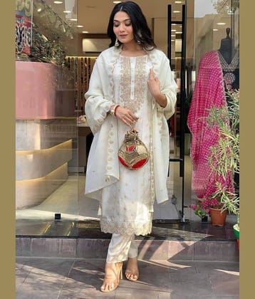 Niza Fashion Banarasi Embroidered Kurti With Pants Women's Stitched Salwar Suit - White ( Pack of 1 )