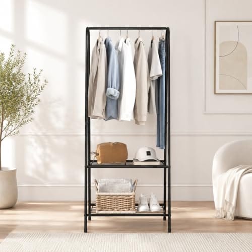 LEOPAX Metal Clothes Rack with 2 Shelves, Garment Hanging Rail & Coat Stand for Clothes, Shoes, Bags Storage,