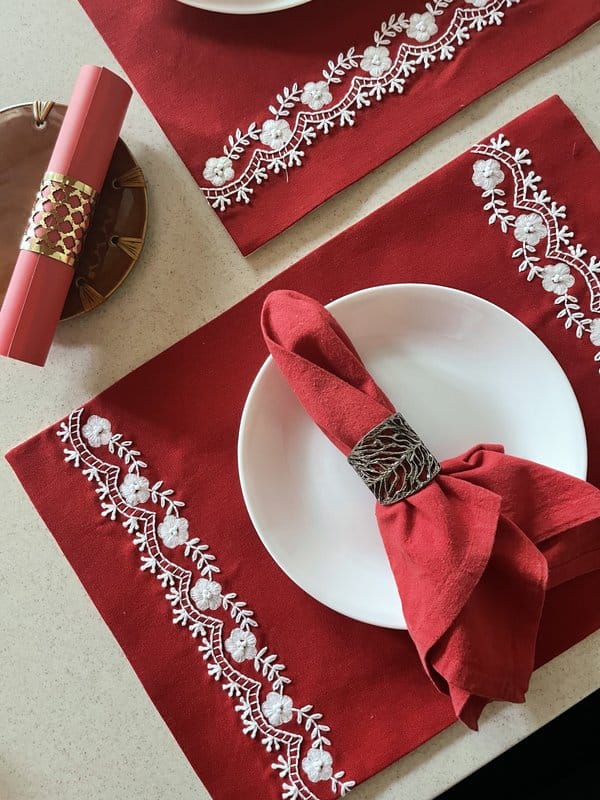 KRI India Bloom Greek Crimson Hand embroidered Table Placemats|Set of 2 | Crimson with white embroidery | 12x17.5 inches | Wash & Care | 100% Cotton | Handcrafted in India. 100% organic & natural.