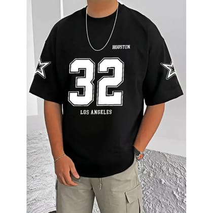 Men's Casual Cotton Blend Printed Round Neck Half Sleeve T-Shirt (Black) E
