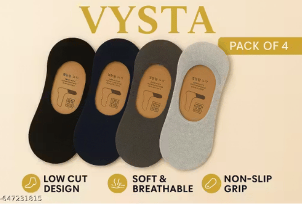 VYSTA Premium Unisex No-Show Socks | Invisible Low Cut Socks for Men & Women | Anti-Slip Silicone Heel | Sweat-Absorbing Breathable Fabric | Ideal for Loafers & Casual Shoes | Pack of 4