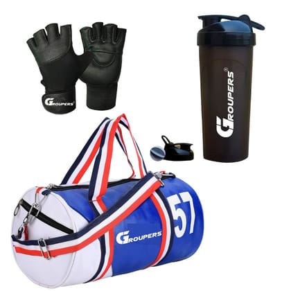 GROUPERS Duffle PU Leather Bag with Shaker Bottle-700ml & GloveslSports & Travel Bag (Blue White) GROUPERS Duffle PU Leather Bag with Shaker Bottle-700ml & GloveslSports & Travel Bag (Blue White)