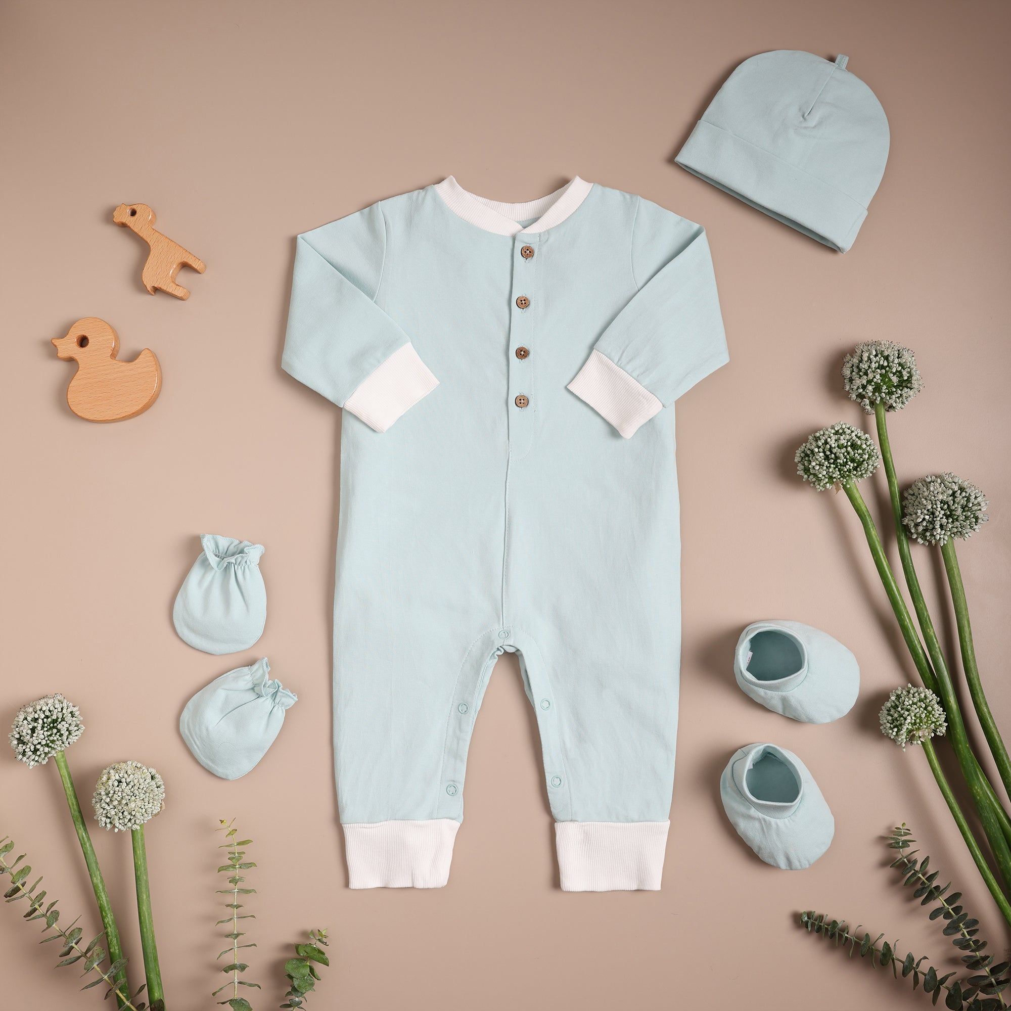 Poshaak Baby Romper Set-Moonlight Jade / 3-6 months with Cap Mittens and Booties