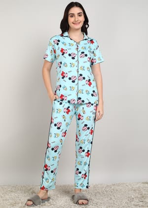 Preen Women Shirt & Pajama set-Blue / S