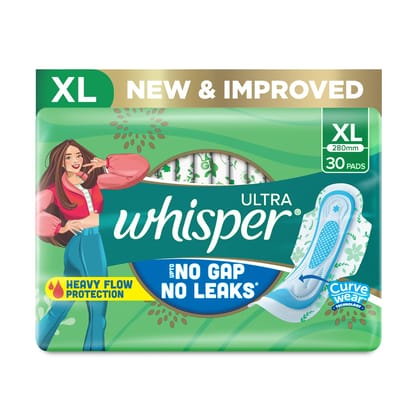 Whisper Ultra Upto No Gap No Leaks Sanitary Pads, 30 XL Pads, For Heavy Flow Protection, With CURVEWEAR Technology, Cotton Like Softness, Disposable Wrapper, Locks Odour & Wetness