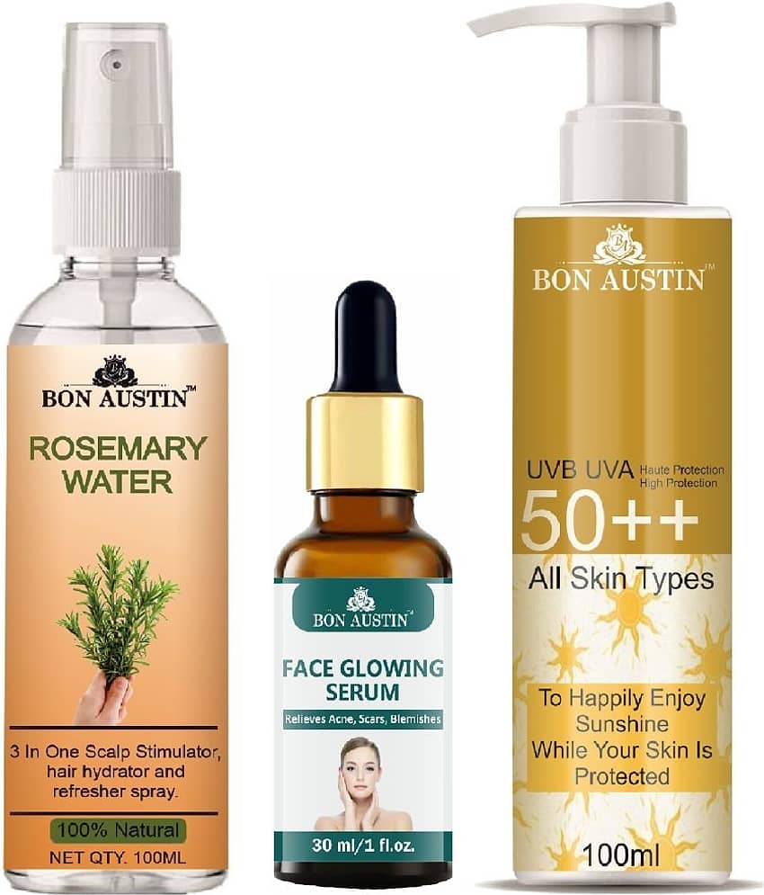 Bon Austin Rosemary Water | Hair Spray For Regrowth | Hair Growth Expert 100ml, Face Glowing Serum 30ML & UVA & UVB Protection Sunscreen 100ml  - Set of 3 Items