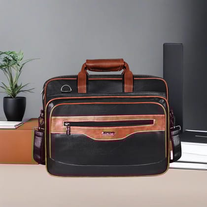 LOREM Tan & Black Color Faux Leather 28L Laptop Messenger Bag For Men BG105