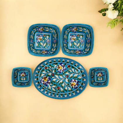 Handcrafted Turquoise Blue Pottery Oval Plate & Bowl Set - Floral Serveware for Dining & Gifting