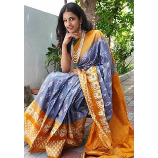 Grey And Orange Colour Ikkat Designer Printed saree