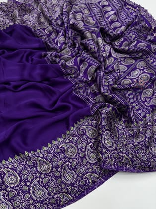 New Function Wear Purple Color Pure Satin Silk Ajrak Printed Rich Pallu n Tussles Work Fancy Designer Saree