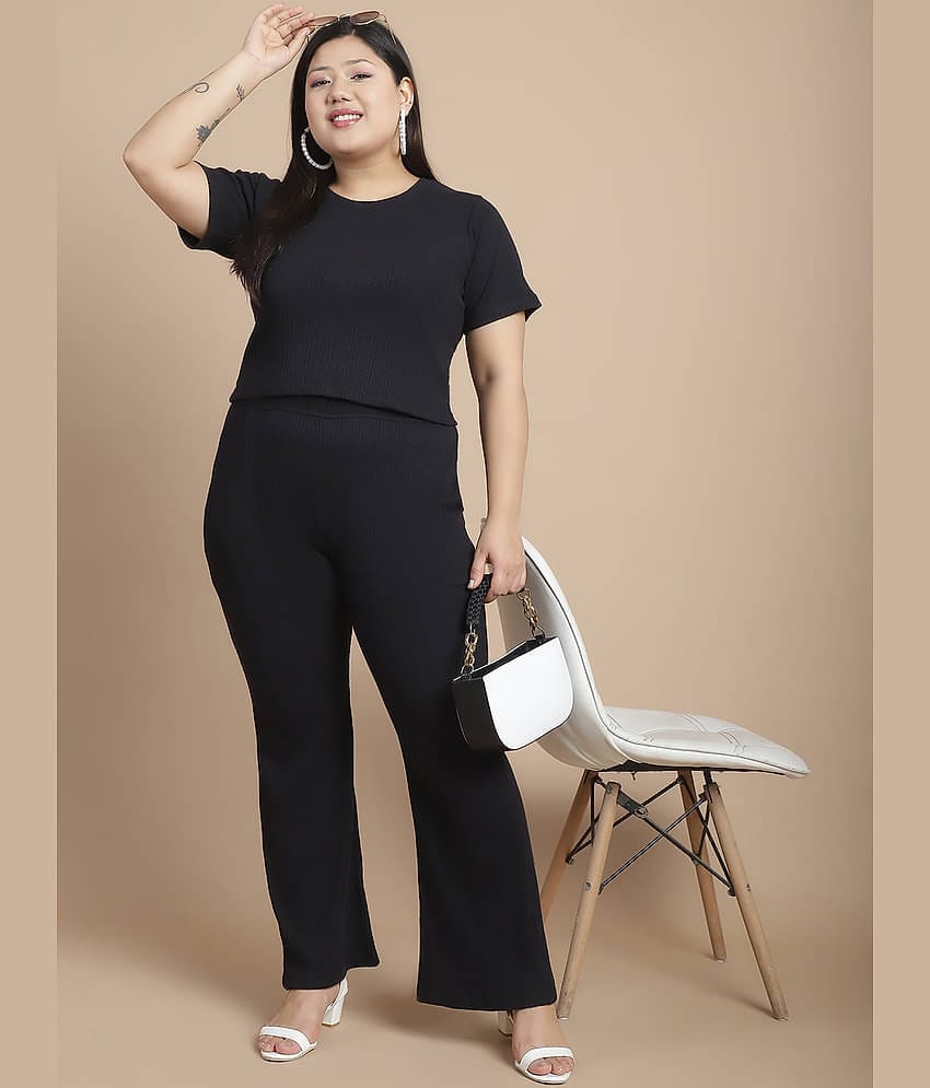 Rigo Women Solid Top With Trousers Co-Ord Set ( Black )