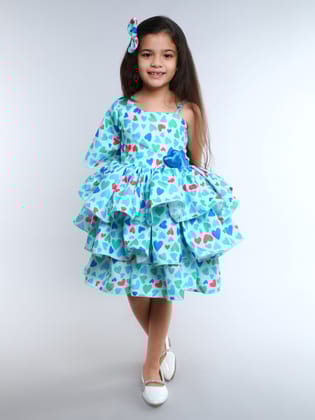 One Shoulder Heart Layered Cotton Dress With Matching Clip -Blue-1-2Y / Blue