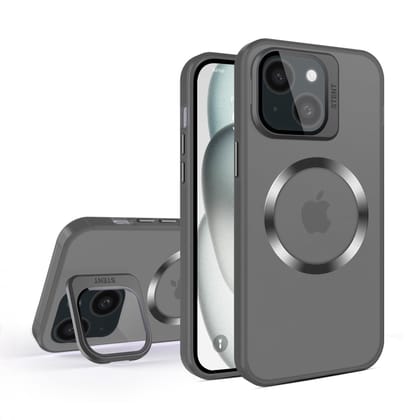 Vaku® Apple iPhone 15 Plus Rime Frosted Magnetic Magpro Translucent Camera Protector Case with Built-in Stash Stand Back Cover