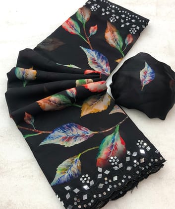 New Black Color Chiffon Print With Embroidery n Mirror Work Partywear Saree Design For Women