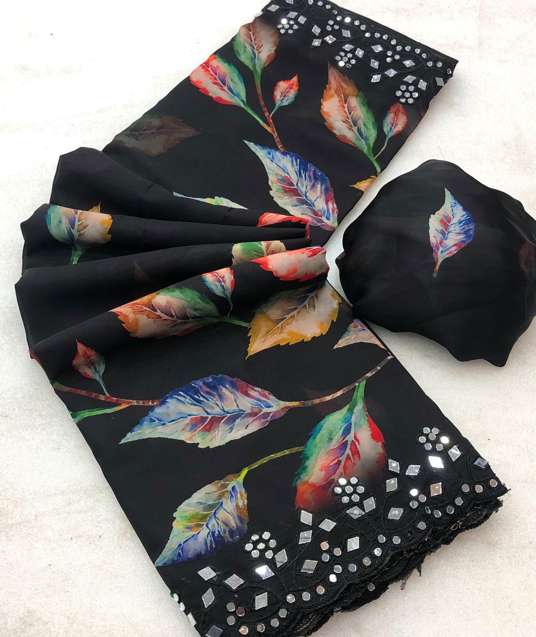 New Black Color Chiffon Print With Embroidery n Mirror Work Partywear Saree Design For Women