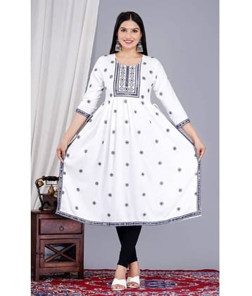 P PRIYA FASHION Rayon Embroidered Nayra Women's Kurti - White ( Pack of 1 )