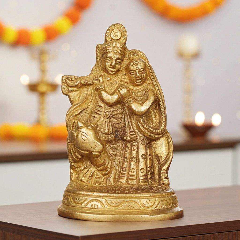 Brass Radha Krishna With Cow - Divine God Idol Showpiece, Height : 2.8 Inch (BSMAS026 B)