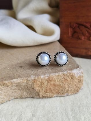 Handmade Oxidised Pearl Stud Earrings | Sarichka Fashion