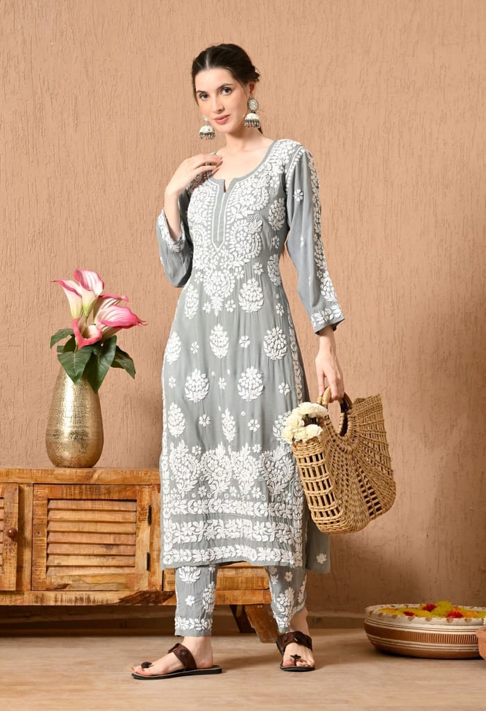 Hand Embroidered Chikankari Modal Plazo Set with 3D Floral Work – Ethnic Wear for Women