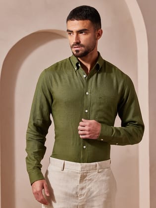 Aldeno Men Regular Fit Solid Green Linen Shirt (MOMI)-S
