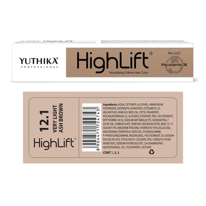 Yuthika Professional High Lift Creme Hair Colour 12.1 Very Light Ash Brown 50g, Permanent Hair Color for Women & Men
