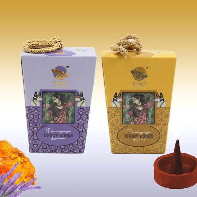 Nandi Panchgavya 100 Percent Cow Dung Lavender & Amber Dhoop Cones (100 Pcs) with Stand