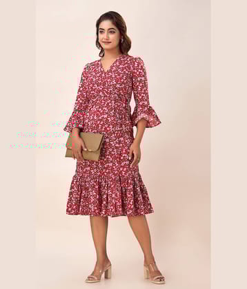 FabbibaPrints Women Crepe Printed A-line Dress ( Red )