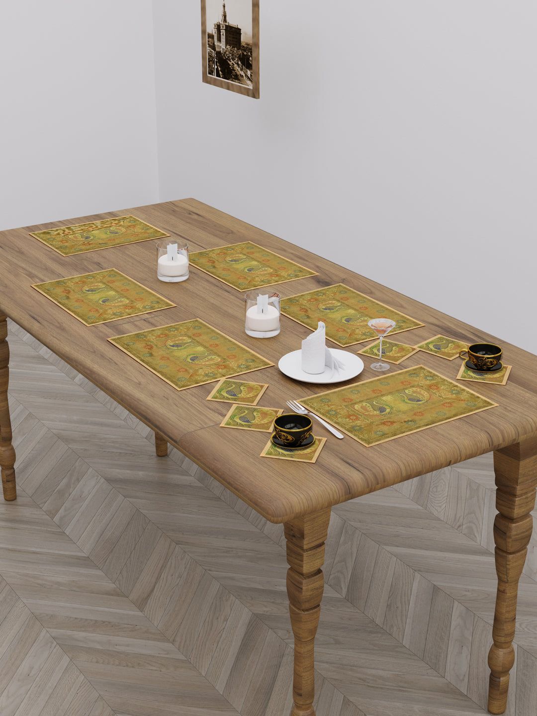 Banarasi Zari Set of 6 Placemats with 6 Coasters-Banarasi Zari / 6 Seater / Placemats & Coasters