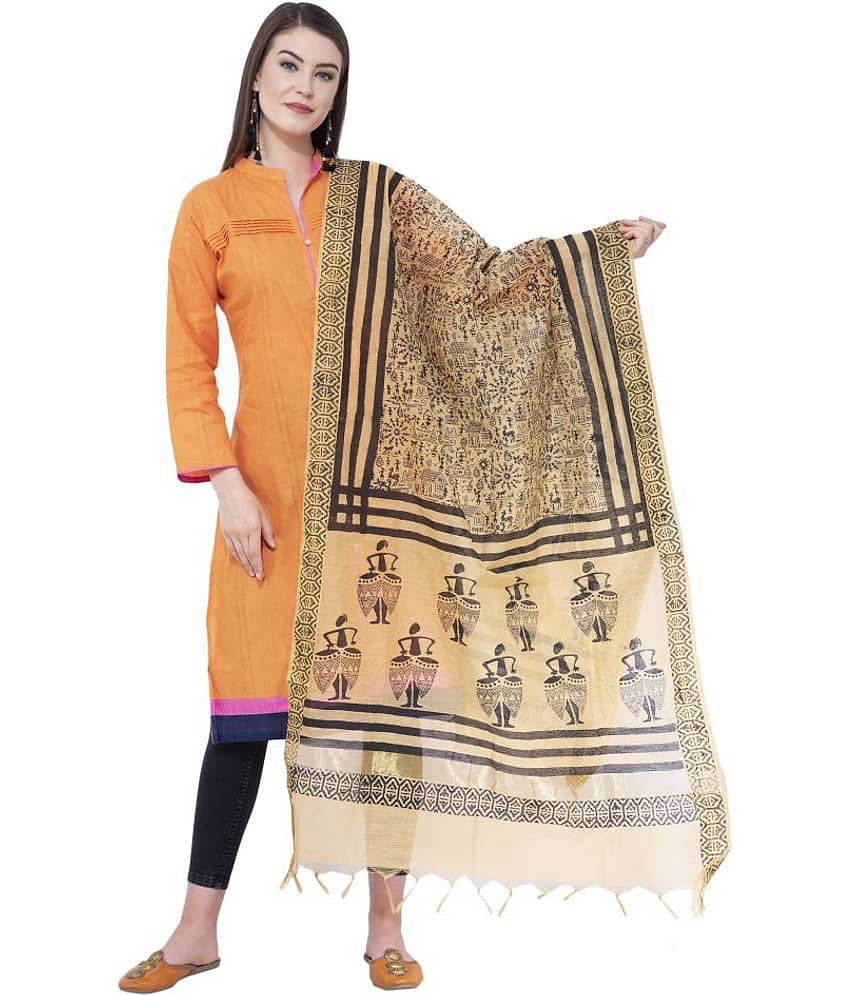 A R Silk Gold Chanderi Block printed Dupatta