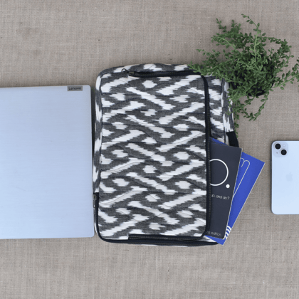 quilted laptop bag in black Ikat Cotton