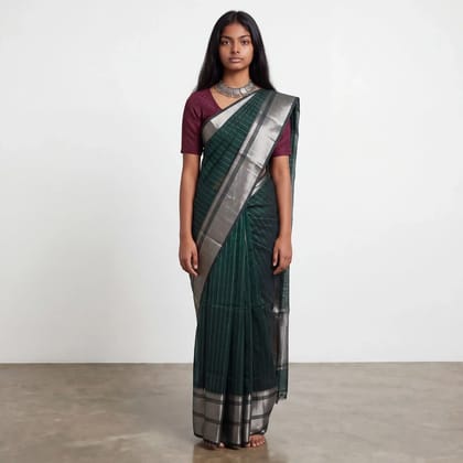 Mangalgiri Bottle Green Silk Cotton Saree Zari Stripes